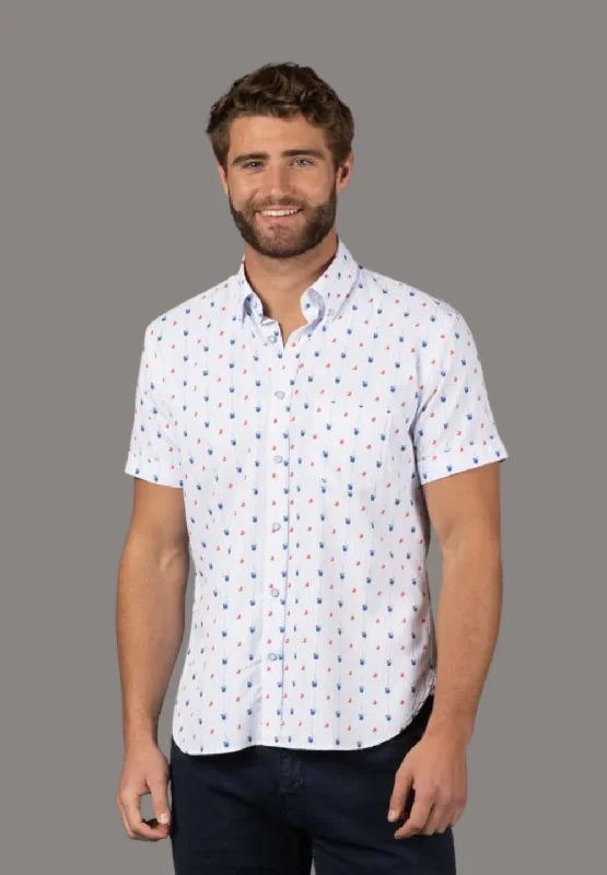 casual office shirt with button details -White with Blue Cocktails and Orange Slices