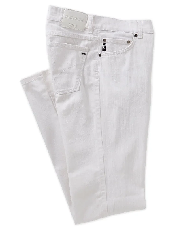 men’s breathable travel pants -Brax Masterpiece White Stretch Denim Jean