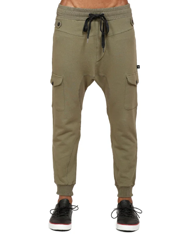 stretchy pants for yoga -Men's Drop Crotch Cargo Pockets Sweatpants in Olive